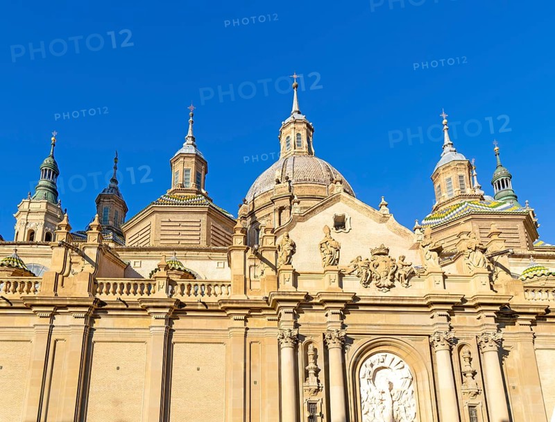 Towers and domes on roof of Basilica of Our Lady of the Pillar cathedral church, Zaragoza, Aragon, Spain