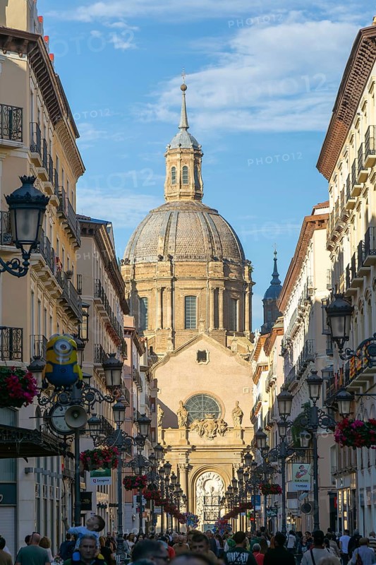 View of Basilica of Our Lady of the Pillar cathedral church from Calle de Alfonso I, Zaragoza, Aragon, Spain