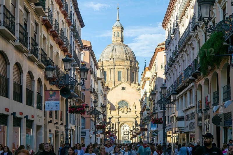 View of Basilica of Our Lady of the Pillar cathedral church from Calle de Alfonso I, Zaragoza, Aragon, Spain