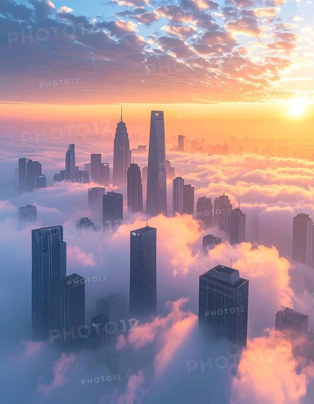 City scape emerging from a dense enveloping fog in sunrise and skyscrapers piercing the haze, big metropolis with skyline, mist on ground, blue sky, city in an aerial view, AI generated