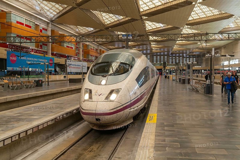 Renfe Class 103 high-speed train, AVE Alta Velocidad Española service, Zaragoza-Delicias railway station, Zaragoza, Spain