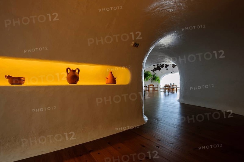 Interior corridor corridor to café in building designed by Cesar Manrique with the collaboration of Jesús Soto and architect Eduardo Caceres, without right angles corners at viewpoint tourist attraction El Mirador del Río on the summit of the 474 meter high Risco de Famara in the Famaramassiv with panoramic views of the Chinijo Archipelago, Lanzarote, Canary Islands, Canary Islands, Spain