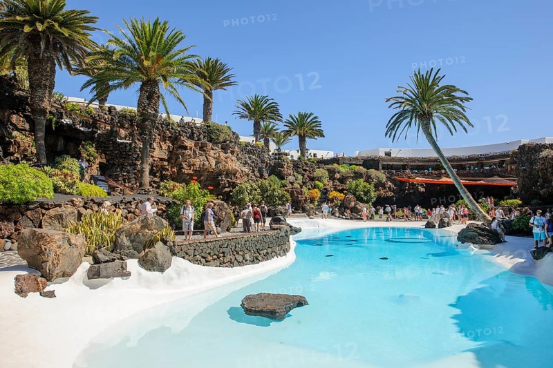 Pool designed by César Manrique Swimming pool at Jameos del Agua Cultural Center Tourist Attraction, Punta Mujeres, Lanzarote, Canary Islands, Spain