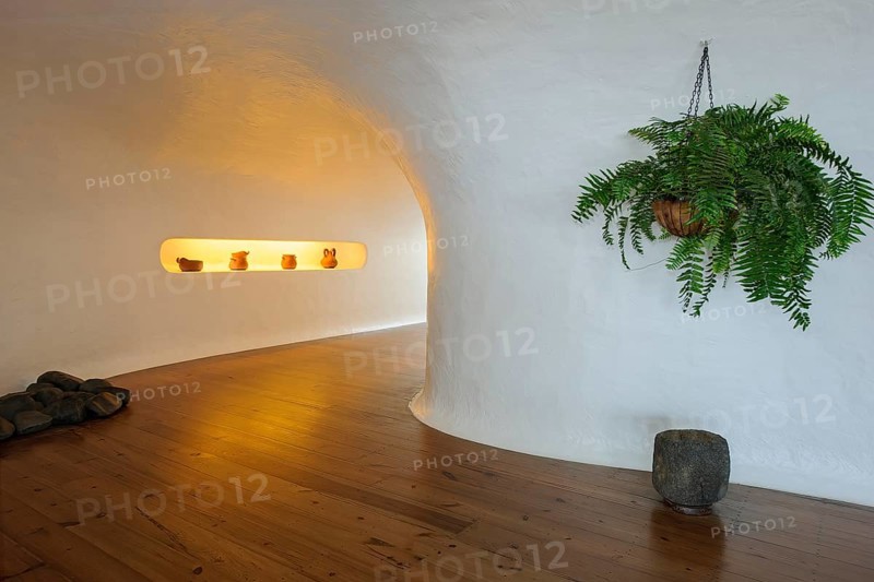 Interior corridor corridor in building designed by Cesar Manrique with the collaboration of Jesús Soto and architect Eduardo Caceres with panoramic views of the Chinijo Archipelago, Lanzarote, Canary Islands, Spain