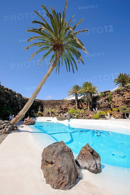 Pool designed by César Manrique Swimming pool at Jameos del Agua Cultural Center Tourist Attraction, Punta Mujeres, Lanzarote, Canary Islands, Spain