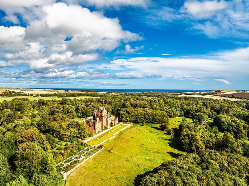 Ayton Castle from a drone, Ayton, Eyemouth, Scottish Borders, Scotland, UK