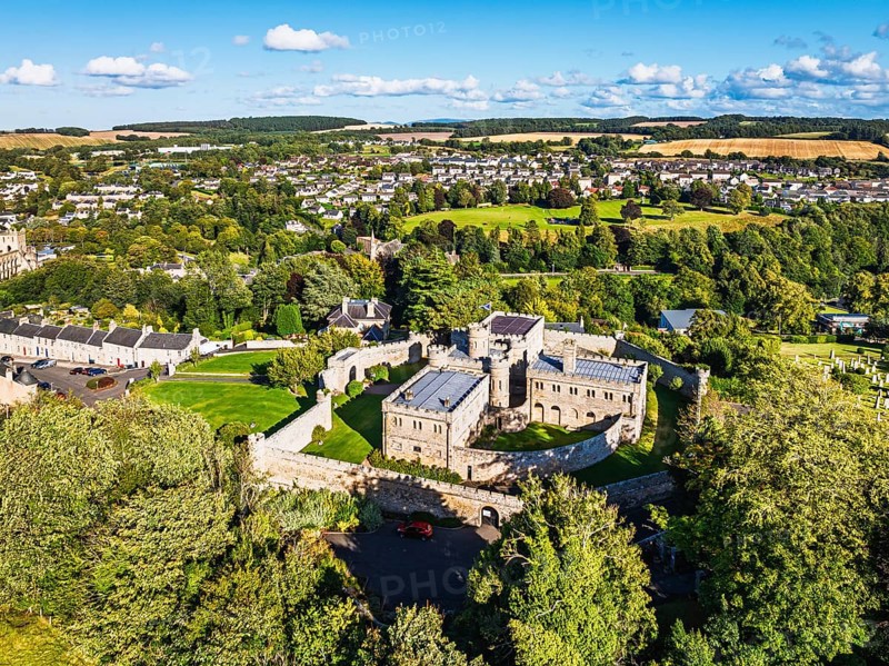 Jedburgh Castle from a drone, Jedburgh, Scottish Borders, Scotland, UK