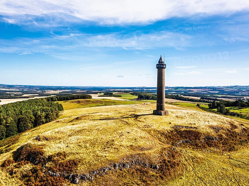 Waterloo Monument over Scottish fields and farms from a drone, Jedburgh, Scotland, UK