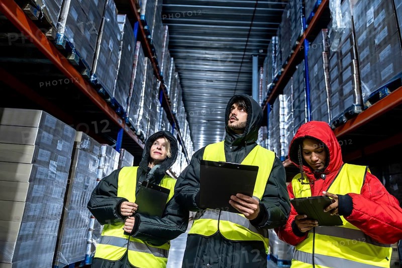 Diverse warehouse team in thermal clothing and safety vests inspecting palletized inventory and checking data in a cold storage facility to ensure efficient cold chain logistics