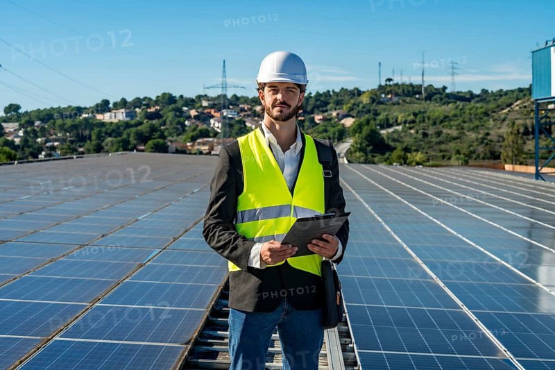 Engineer in hard hat and safety vest standing on a rooftop of solar panels holding a clipboard, inspecting photovoltaic array and representing renewable, sustainable power generation