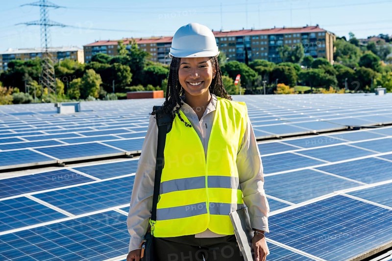 Smiling female engineer standing on a rooftop full of solar panels, wearing a hard hat and safety vest, representing green energy, sustainability, and technological innovation