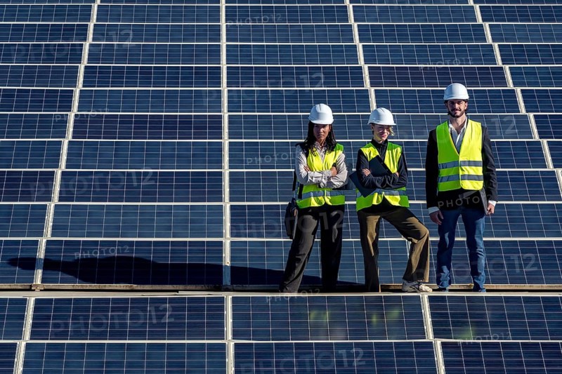 Engineers in hard hats and vests working on a vast solar panel installation, representing sustainable power generation and green technology development