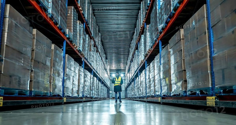 Worker in protective clothing examining packed goods and managing inventory within a vast, temperature controlled modern distribution warehouse, highlighting efficiency in cold chain logistics
