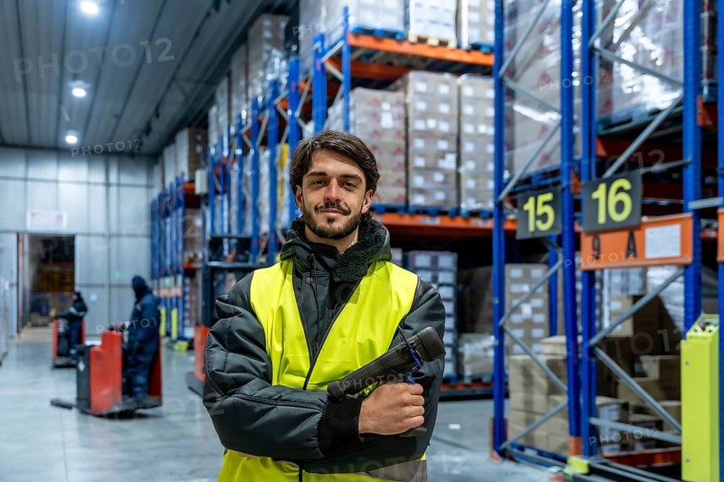 Worker smiling at the camera, holding an inventory scanner while standing in a cold storage warehouse with racking full of products, ensuring efficient frozen chain logistics