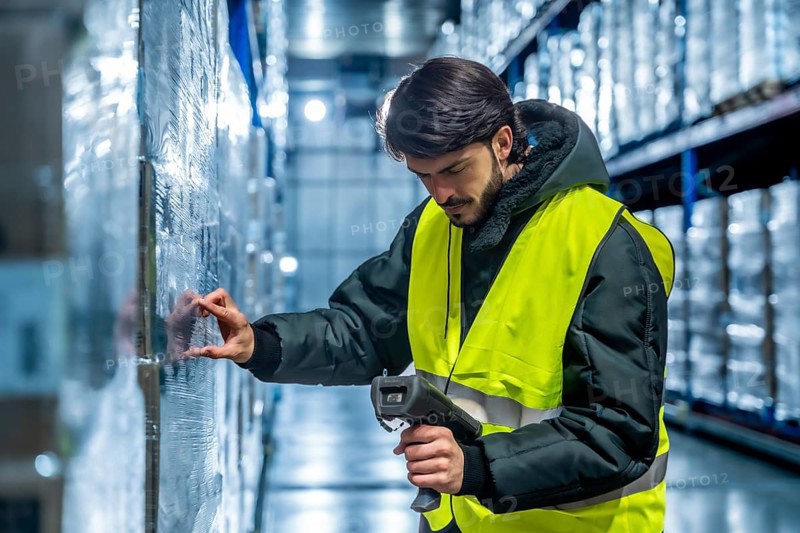 Worker wearing a safety vest and warm jacket, scanning a barcode on wrapped merchandise in a cold storage warehouse, managing inventory and supply chain operations