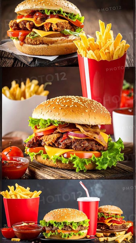 Collage of various fast food meals. beagles, hamburger, cheeseburger, french fries and a view green salad pieces, unhealthy lifestyle, symbol for bad nutrition, wallpaper illustration for banner or template background, AI generated