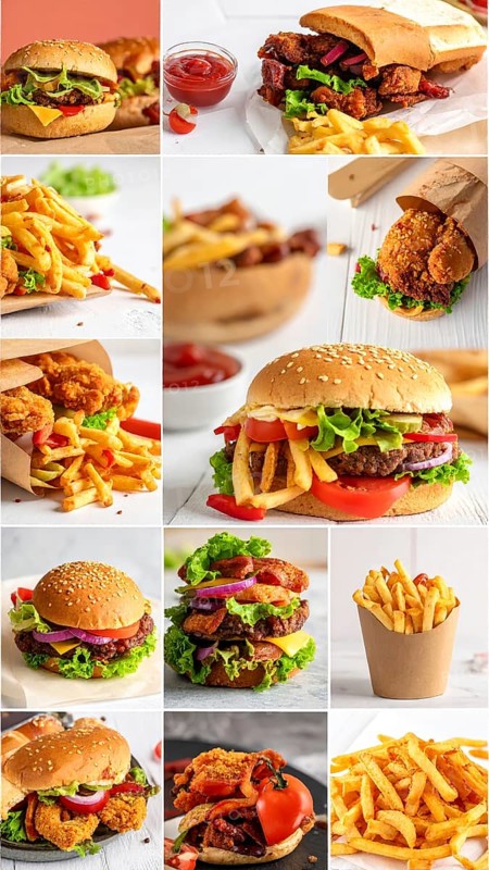 Collage of various fast food meals. beagles, hamburger, cheeseburger, french fries and a view green salad pieces, unhealthy lifestyle, symbol for bad nutrition, wallpaper illustration for banner or template background, AI generated