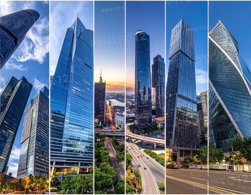 Collage of skyscrapers of a metropolitan city, various skylines with different blue sky in sunset, urban wallpaper illustration background, banner or template for real estate and travel themes, AI generated