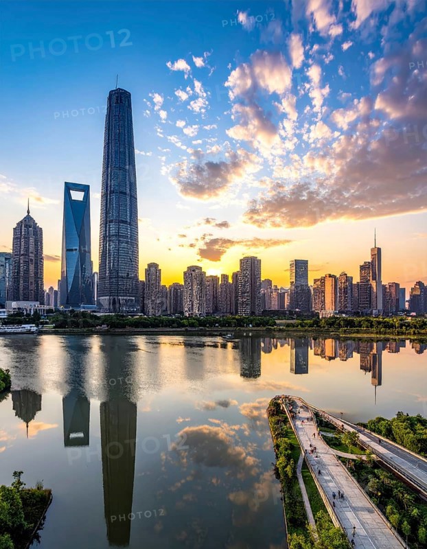 Collage of skyscrapers of a metropolitan city, various skylines with different blue sky in sunset, urban wallpaper illustration background, banner or template for real estate and travel themes, AI generated