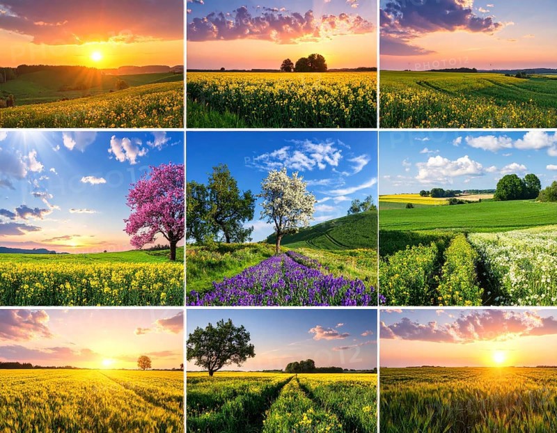Collage of spring and summer landscapes, blooming flowers, green meadows and trees, hilly landscape with mountains, blue cloudy sky with sunrise or sunset, wallpaper illustration for banner or template background, AI generated