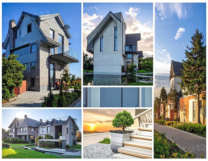 Collage of real estate residential building, modern architecture style, surrounded by green garden, variety of apartments, villas and luxurious homes. blue cloudy sky with sunset or sunrise, conceptual illustration, wallpaper for banner, poster or template, AI generated