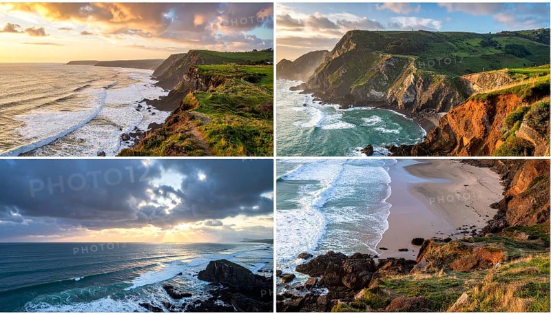 Collage of coastal landscapes with cliffs and shore break, spectacular nature, cloudy sky with beautiful sunset or sunrise, variety of travel destination for road trip or hiking, wallpaper illustration for banner, poster or template, AI generated