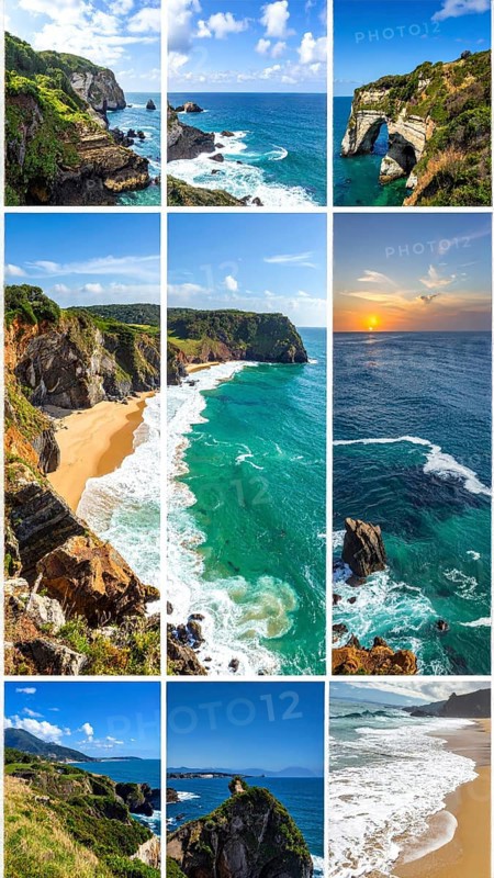 Collage of coastal landscapes with cliffs and shore break, spectacular nature, cloudy sky with beautiful sunset or sunrise, variety of travel destination for road trip or hiking, wallpaper illustration for banner, poster or template, AI generated