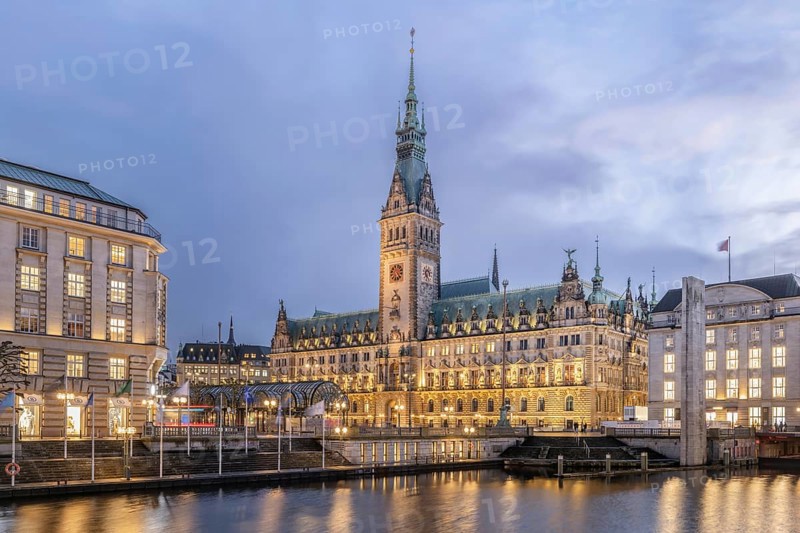 Hamburg City Hall with Little Alster in the foreground at Blue Hour, Hamburg, Germany