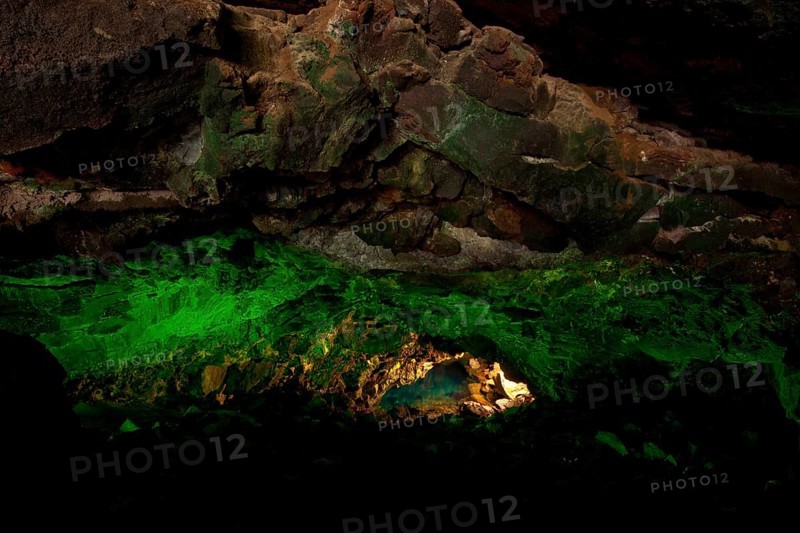 Light installation in a water-bearing cave with water Jameos del Agua1968 Center for Art Culture and Tourism created by César Manrique, Punta Mujeres, Las Palmas, Canary Islands, Spain