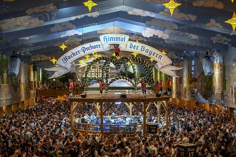 Hacker-Pschorr festival tent, Bavarian sky, interior view, Oktoberfest, Munich, Bavaria, Germany