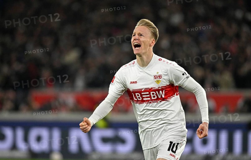Goal cheers Chris Führich VfB Stuttgart (10) MHPArena, MHP Arena Stuttgart, Baden-Württemberg, Germany