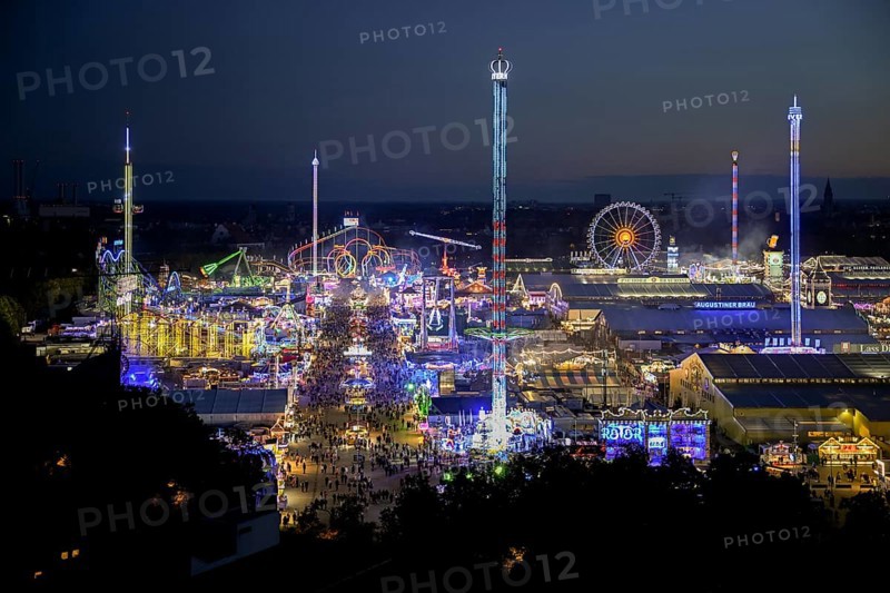 View of Oktoberfest from St. Paul's Catholic Church, Blue Hour, Munich, Bavaria, Germany
