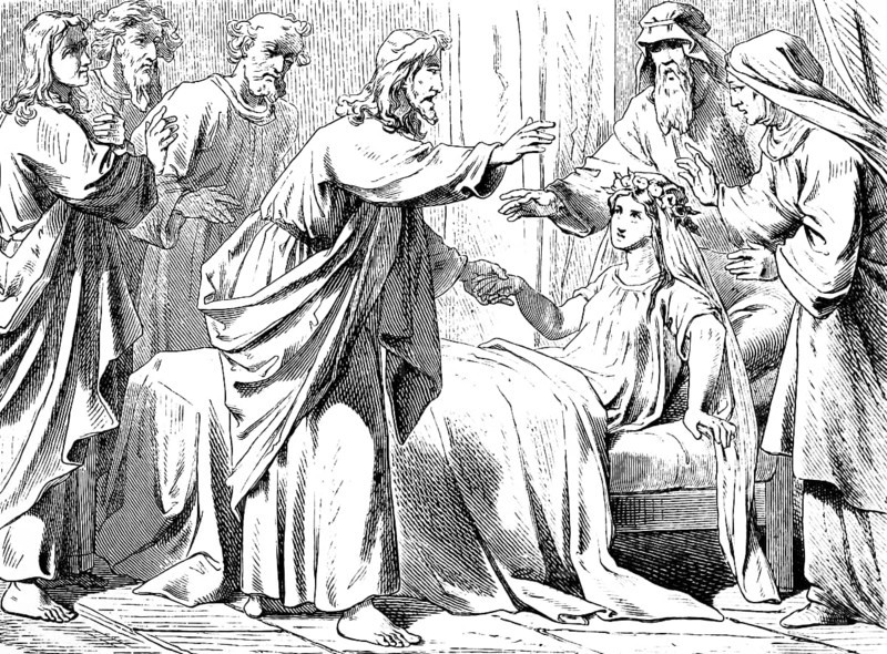 Jesus awakens a twelve-year-old girl, Gospel of Mark, chapter 5, sickbed, parents, faith, healing, school, grief, weeping, group, New Testament, Bible, historical illustration 1877