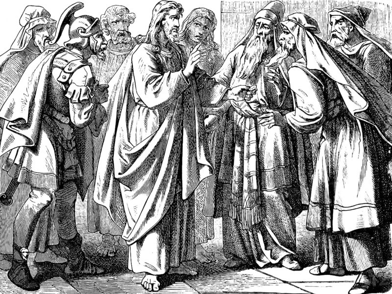 Give the emperor what is the emperor and God what is God, Gospel of Mark, chapter 12, interest, Pharisee, Herod's servant, groschen, money, picture, headline, Sadducee, Moses, seven brothers, New Testament, Bible, historical illustration 1877