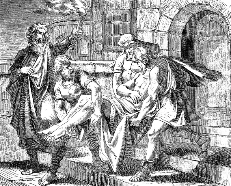 The disciples of John make their beheaded master, Gospel of Mark, chapter 6, order, king, oath, executioner, beheading, death, John the Baptist, torch, carrying, New Testament, Bible, historical illustration 1877