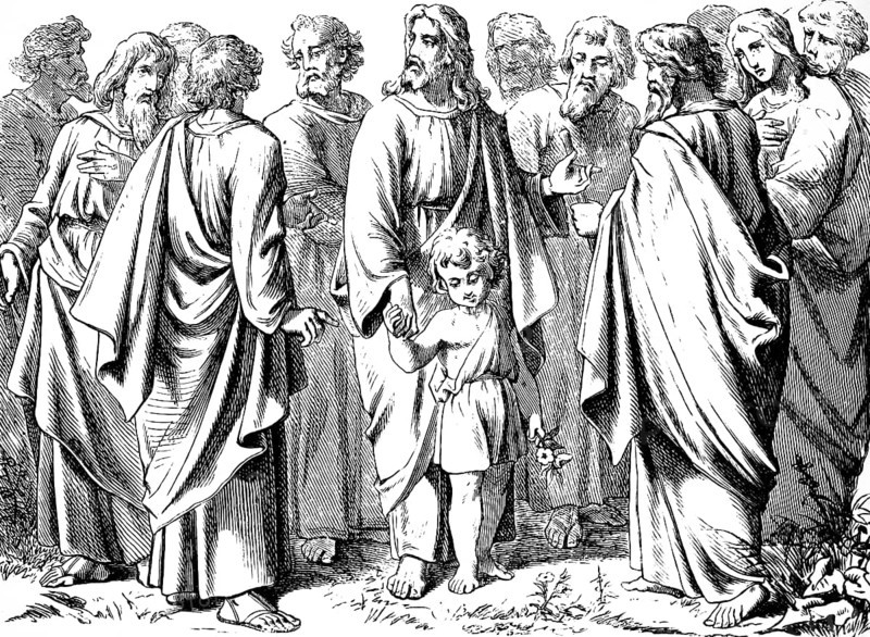 Jesus places a child in the midst of the disciples, Gospel of Mark, chapter 10, Let the children come to me, kingdom of God, touch, Jesus disciples, bless, New Testament, Bible, historical illustration 1877