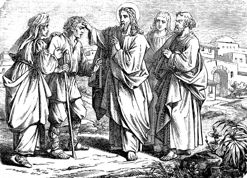 Jesus heals a blind man, Gospel of Mark, chapter 10, Jerusalem, city gate, request, healing, lay on, follow, faith, New Testament, Bible, historical illustration 1877