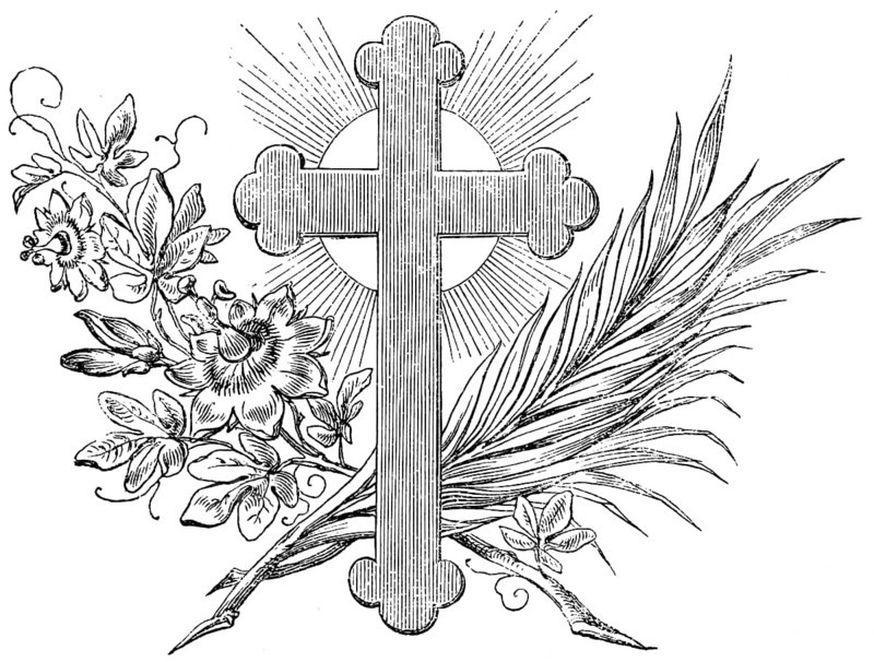 End of the Gospel of Matthew, cross, rays of light, palm branch, flowers, New Testament, Bible, historical illustration 1877