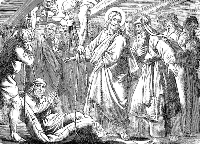 Jesus and the gout patient, Gospel of Mark, chapter 2, gout, plague, healing, forgiveness of sins, get up, take up your bed and go home, group, praise God, horror, wonder, New Testament, Bible, historical illustration 1877