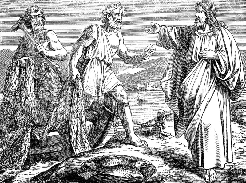 Jesus punishes Peter and Andrew, Galilean Sea, Sea of Galilee, Gospel of Mark, chapter 1, punishment, shore, fisherman, fishing net, basket of fish, boat, mountains, New Testament, Bible, historical illustration 1877