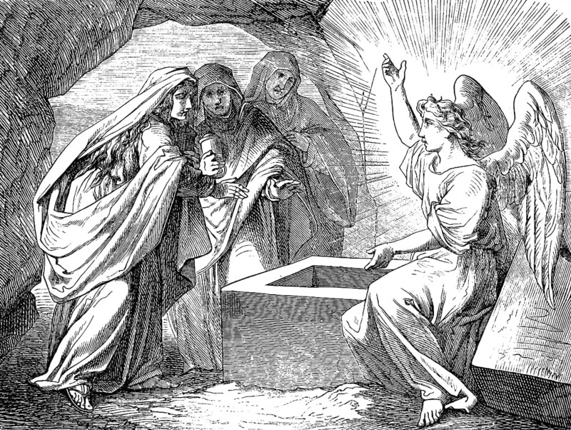 The Resurrection Message, Gospel of Matthew, Chapter 28, Jesus Resurrection, Life, Death, Grave, Angel, Fear, Joy, Ray of Light, Cave, New Testament, Bible, Historical Illustration 1877