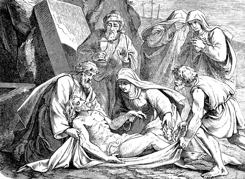 Entombment of Jesus, cave, rock, Mary Magdalene, grave, grief, death, tears, chalice, woman, three crosses, son of God, Gospel of Matthew, chapter 27, New Testament, Bible, historical illustration 1877