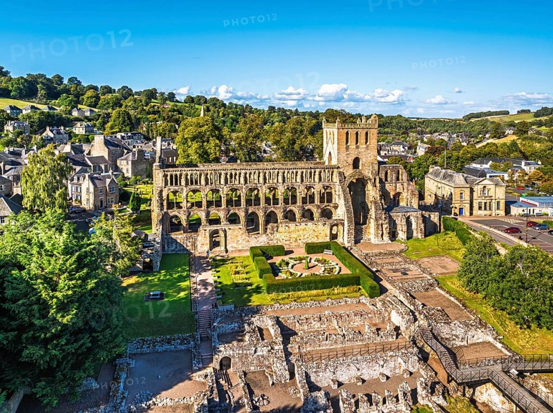 Jedburgh Abbey from a drone, Augustinian Abbey, Jedburgh, Scottish Borders, Scotland, UK