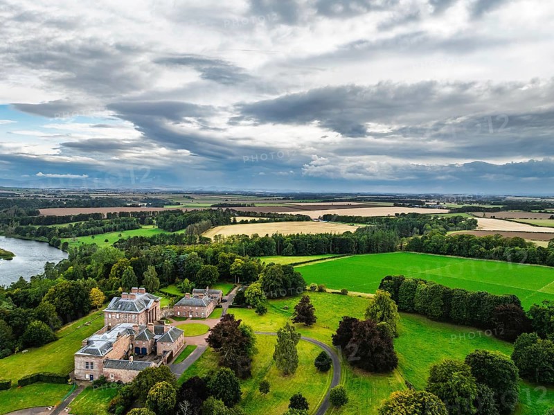Paxton House over River Tweed from a drone, Paxton, Berwick-upon-Tweed, Berwickshire, Scotland, UK
