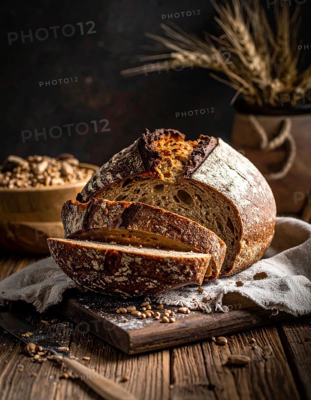 Rustic loaf of whole grain bread, fresh baked, close up of bread on dark wooden table, golden rust, soft lighting with blurred background, symbol for bakery and agriculture, healthy eating background, AI generated