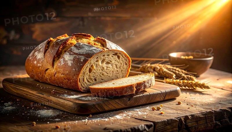 Rustic loaf of whole grain bread, fresh baked, close up of bread on dark wooden table, golden rust, soft lighting with blurred background, symbol for bakery and agriculture, healthy eating background, AI generated