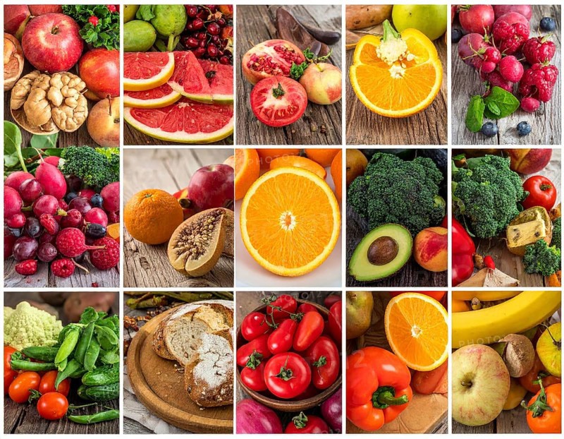 Food collage of various biological and organic fruits and vegetables, fresh healthy lifestyle, with a variety of vitamins, citrus fruits, green and red organic vegetables, kiwi, bananas, apple, avocados, tomatoes and green salad, symbolic background illustration for banner, template or wallpaper, AI generated