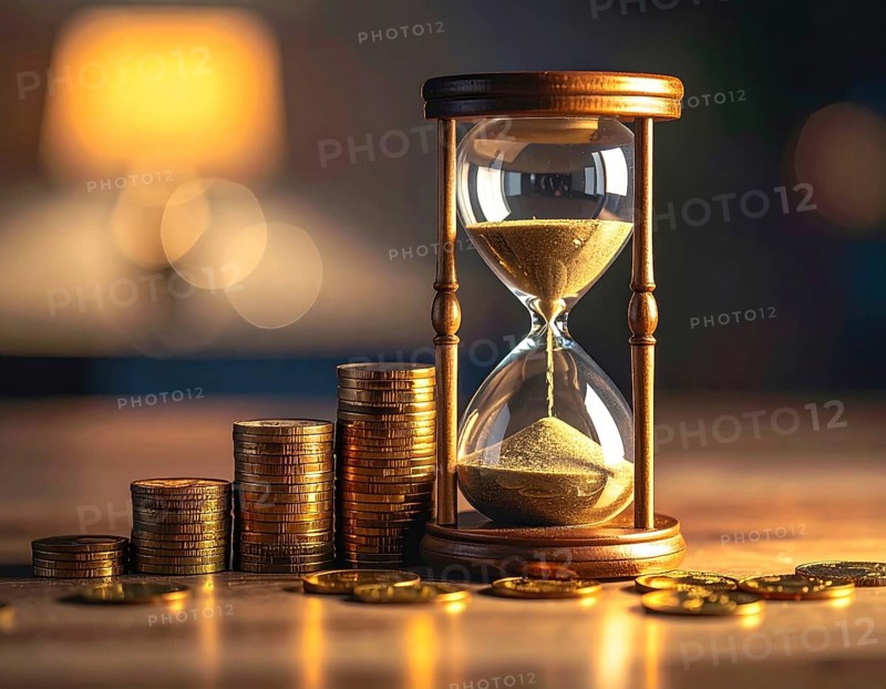 Hourglass and stacked golden coins, illustrating currency fluctuation and time impact commodities value, symbolizing fluctuating finance market changes, business setting, glass with sand on wooden table in the office, blurred background, wallpaper illustration, AI generated