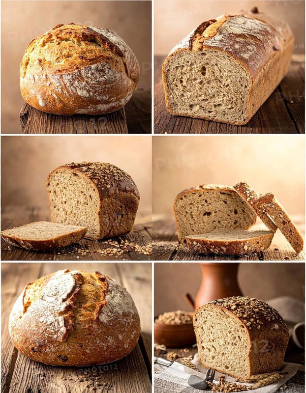 Collage of rustic loaf of whole grain bread, bread on dark rustic wooden table, great variety of grain and whole wheat bread, illustration wallpaper for bakery and healthy food lifestyle, AI generated
