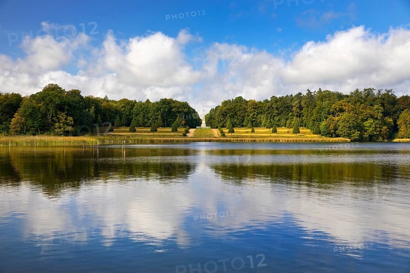 Lake Grienerick with the Rheinsberg Obelisk, Rheinsberg, Brandenburg, Germany